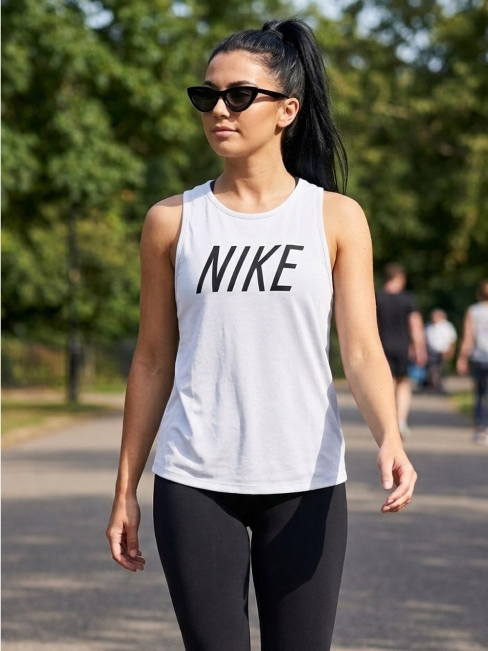 🔥 2/$20 EUC Nike Dri-Fit White Athletic Tank Top Black Logo Cozy Athleisure